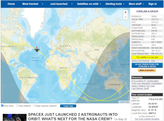 Онлайн-карта перемещения спутников в режиме реальногот времени