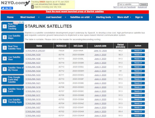 Выбрать для отслеживания в списке спутников группу STARLINK-8 GROUP